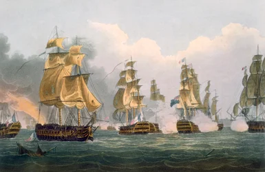 1795年6月23日、ポートロリアン沖のブリッドポート卿の行動、ベイリーによってJ.ジェンキンスの「海軍の成果」のために刻まれた、1816年（色の彫刻）